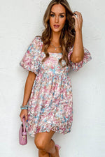 Load image into Gallery viewer, Pink Floral Puff Sleeve Square Neck Smock Ruffled Dress - Fashion Queen -  3
