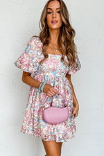 Load image into Gallery viewer, Pink Floral Puff Sleeve Square Neck Smock Ruffled Dress - Fashion Queen -  4
