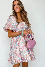 Load image into Gallery viewer, Pink Floral Puff Sleeve Square Neck Smock Ruffled Dress - Fashion Queen -  5

