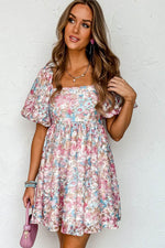 Load image into Gallery viewer, Pink Floral Puff Sleeve Square Neck Smock Ruffled Dress - Fashion Queen -  7
