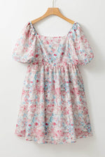 Load image into Gallery viewer, Pink Floral Puff Sleeve Square Neck Smock Ruffled Dress - Fashion Queen -  8
