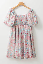 Load image into Gallery viewer, Pink Floral Puff Sleeve Square Neck Smock Ruffled Dress - Fashion Queen -  9
