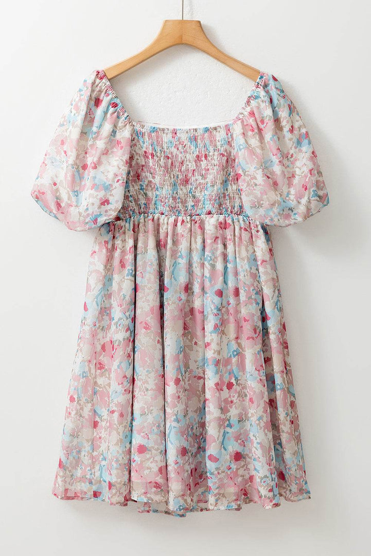 Pink Floral Puff Sleeve Square Neck Smock Ruffled Dress - Fashion Queen -  9