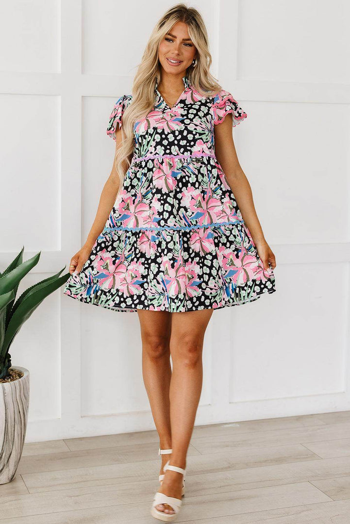 Pink Floral Ricrac Embellished Tiered Mini Dress - Fashion Queen -  10