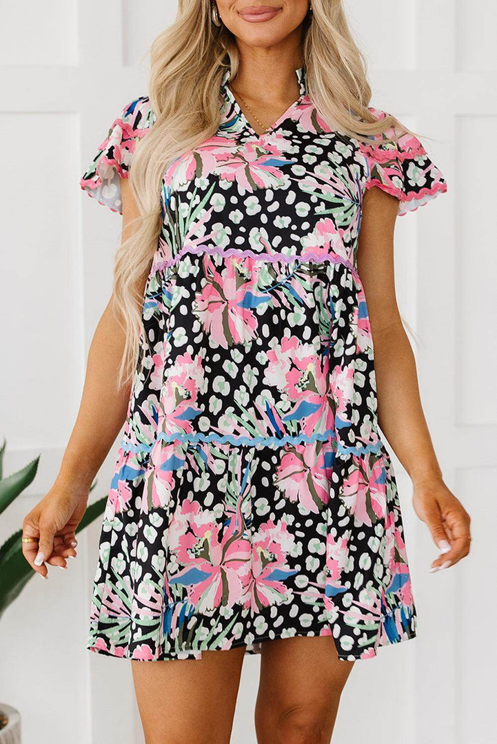 Pink Floral Ricrac Embellished Tiered Mini Dress - Fashion Queen -  11