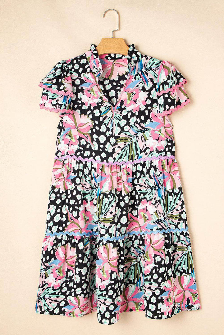 Pink Floral Ricrac Embellished Tiered Mini Dress - Fashion Queen -  12