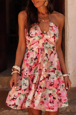 Load image into Gallery viewer, Pink Floral Sleeveless Halter Neck Shirred Back Ruffled Mini Dress - Fashion Queen -  1
