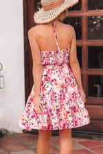 Load image into Gallery viewer, Pink Floral Sleeveless Halter Neck Shirred Back Ruffled Mini Dress - Fashion Queen -  10
