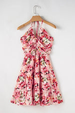 Load image into Gallery viewer, Pink Floral Sleeveless Halter Neck Shirred Back Ruffled Mini Dress - Fashion Queen -  16
