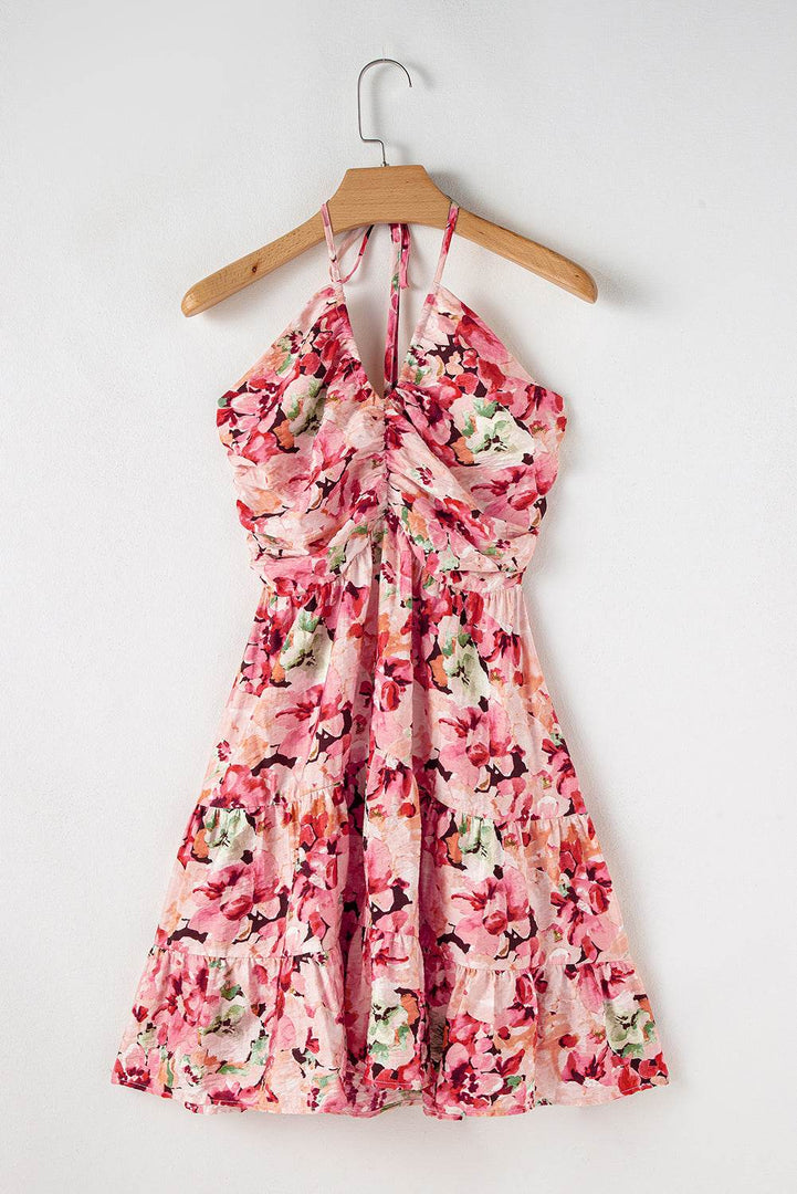 Pink Floral Sleeveless Halter Neck Shirred Back Ruffled Mini Dress - Fashion Queen -  16