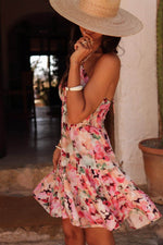 Load image into Gallery viewer, Pink Floral Sleeveless Halter Neck Shirred Back Ruffled Mini Dress - Fashion Queen -  2
