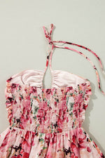 Load image into Gallery viewer, Pink Floral Sleeveless Halter Neck Shirred Back Ruffled Mini Dress - Fashion Queen -  20
