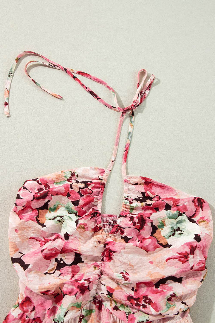 Pink Floral Sleeveless Halter Neck Shirred Back Ruffled Mini Dress - Fashion Queen -  21