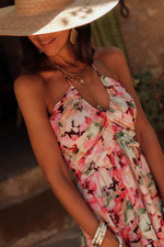 Load image into Gallery viewer, Pink Floral Sleeveless Halter Neck Shirred Back Ruffled Mini Dress - Fashion Queen -  6
