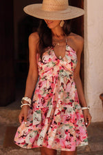 Load image into Gallery viewer, Pink Floral Sleeveless Halter Neck Shirred Back Ruffled Mini Dress - Fashion Queen -  8
