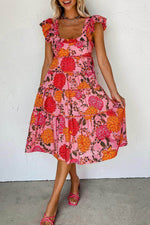 Load image into Gallery viewer, Pink Floral Square Neck Ruffled Flutter Sleeve Tiered Midi Dress - Fashion Queen -  1
