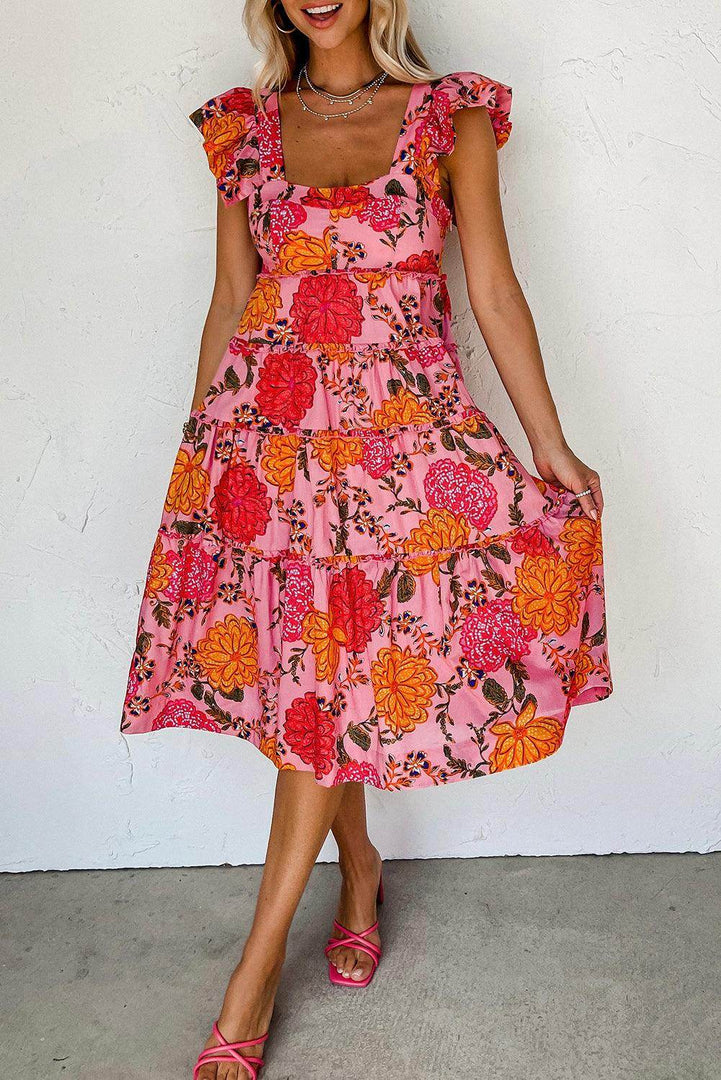Pink Floral Square Neck Ruffled Flutter Sleeve Tiered Midi Dress - Fashion Queen -  1