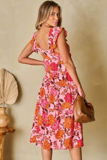 Load image into Gallery viewer, Pink Floral Square Neck Ruffled Flutter Sleeve Tiered Midi Dress - Fashion Queen -  10
