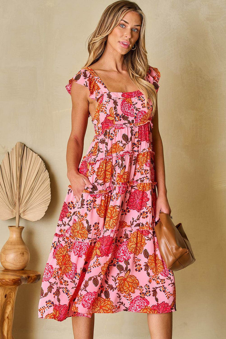 Pink Floral Square Neck Ruffled Flutter Sleeve Tiered Midi Dress - Fashion Queen -  11