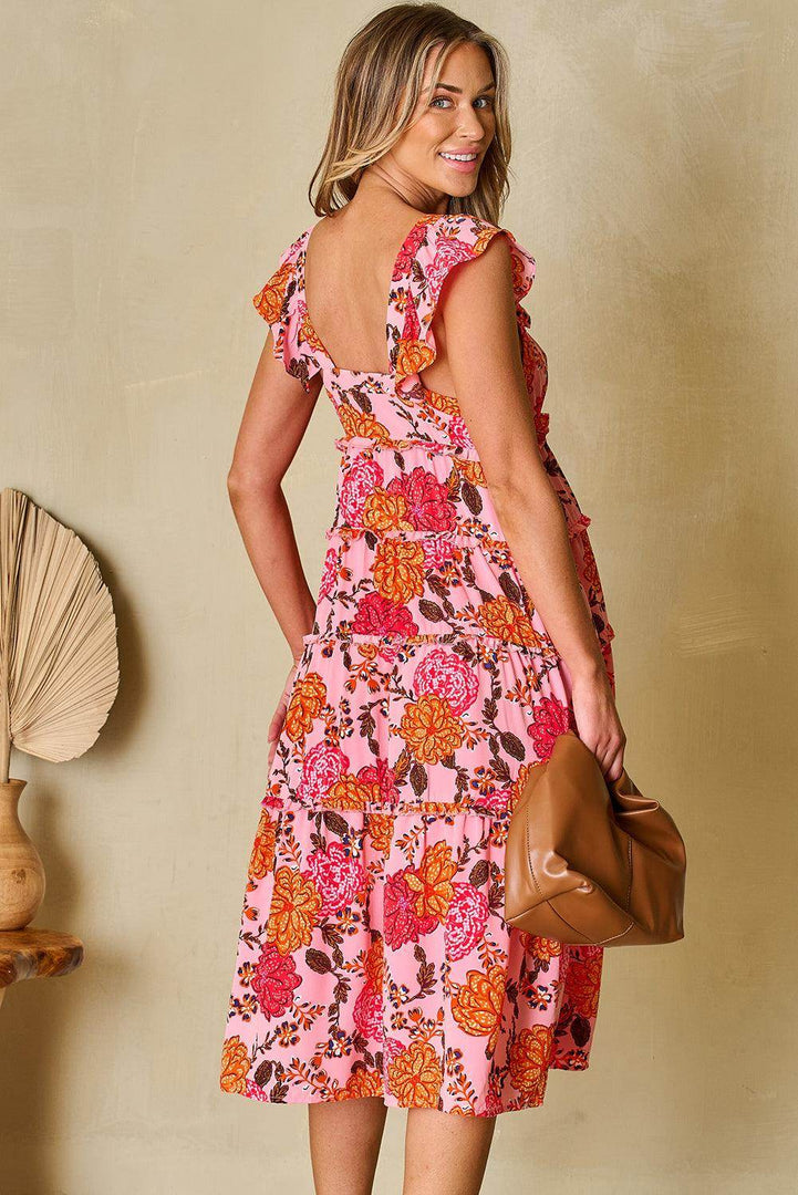 Pink Floral Square Neck Ruffled Flutter Sleeve Tiered Midi Dress - Fashion Queen -  12