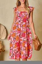 Load image into Gallery viewer, Pink Floral Square Neck Ruffled Flutter Sleeve Tiered Midi Dress - Fashion Queen -  14
