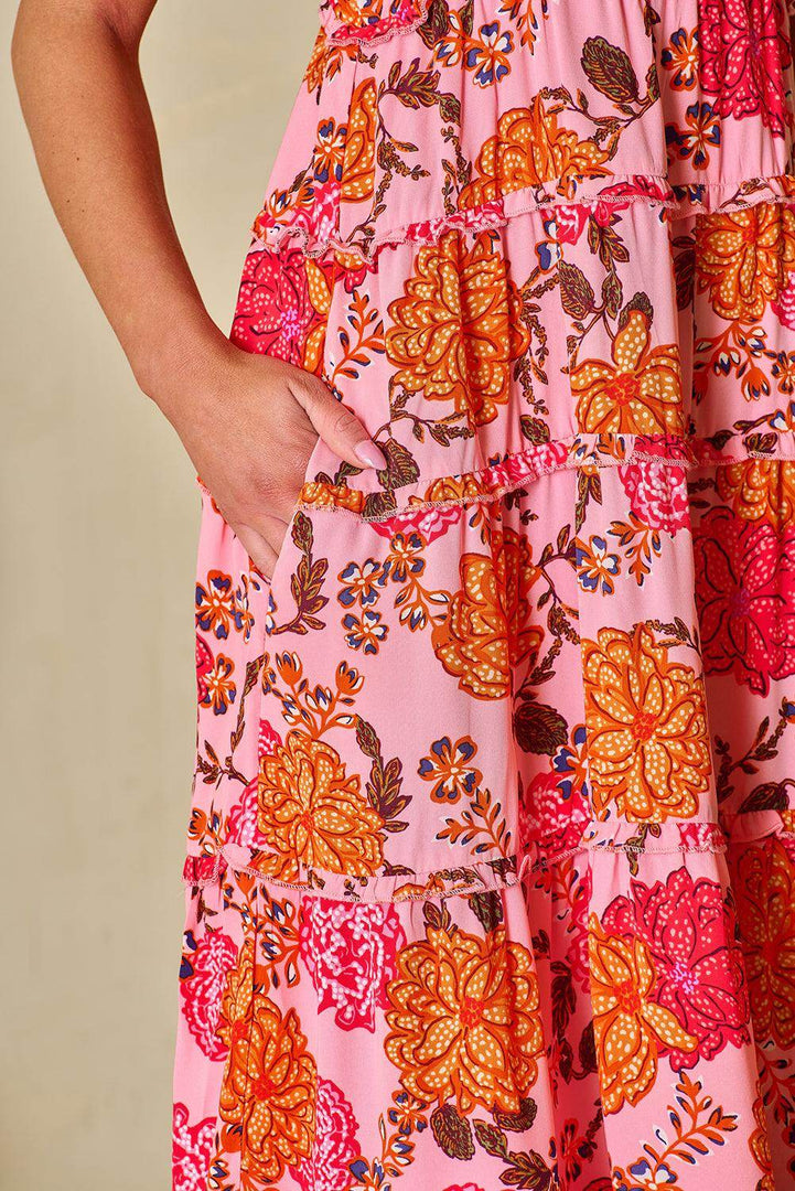 Pink Floral Square Neck Ruffled Flutter Sleeve Tiered Midi Dress - Fashion Queen -  15