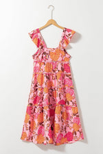Load image into Gallery viewer, Pink Floral Square Neck Ruffled Flutter Sleeve Tiered Midi Dress - Fashion Queen -  16
