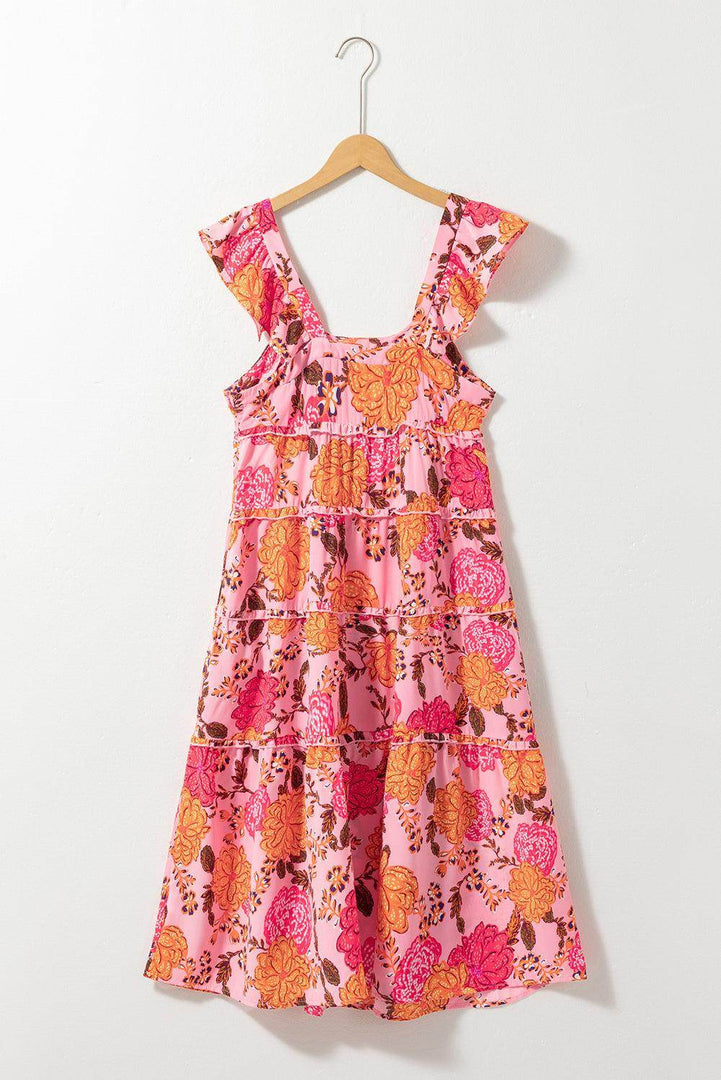 Pink Floral Square Neck Ruffled Flutter Sleeve Tiered Midi Dress - Fashion Queen -  16