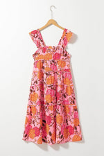 Load image into Gallery viewer, Pink Floral Square Neck Ruffled Flutter Sleeve Tiered Midi Dress - Fashion Queen -  17
