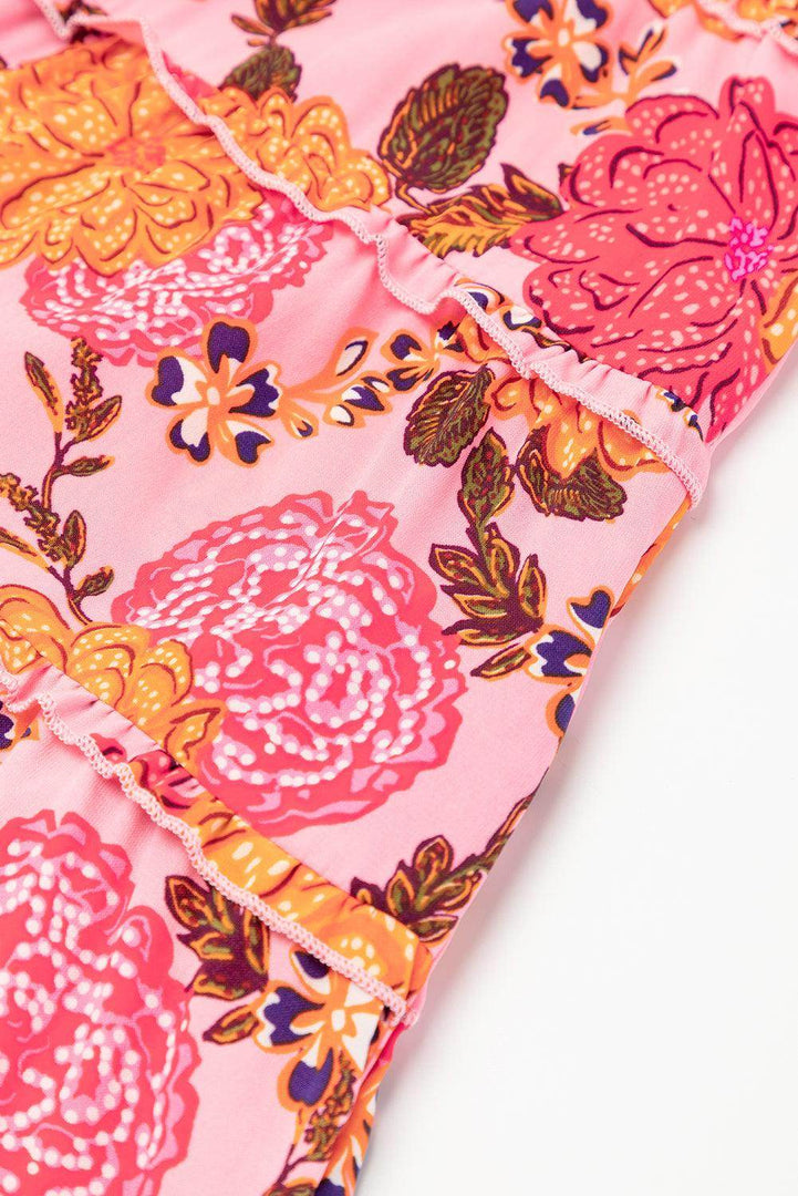 Pink Floral Square Neck Ruffled Flutter Sleeve Tiered Midi Dress - Fashion Queen -  19