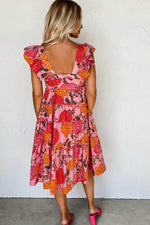 Load image into Gallery viewer, Pink Floral Square Neck Ruffled Flutter Sleeve Tiered Midi Dress - Fashion Queen -  2

