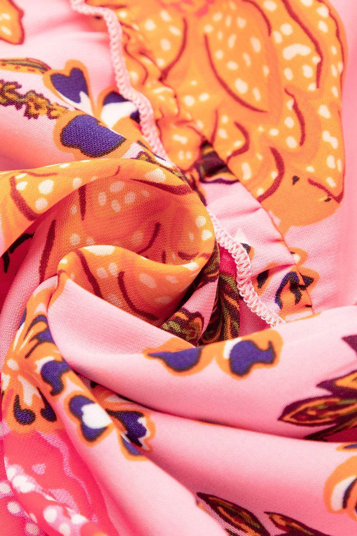 Pink Floral Square Neck Ruffled Flutter Sleeve Tiered Midi Dress - Fashion Queen -  21