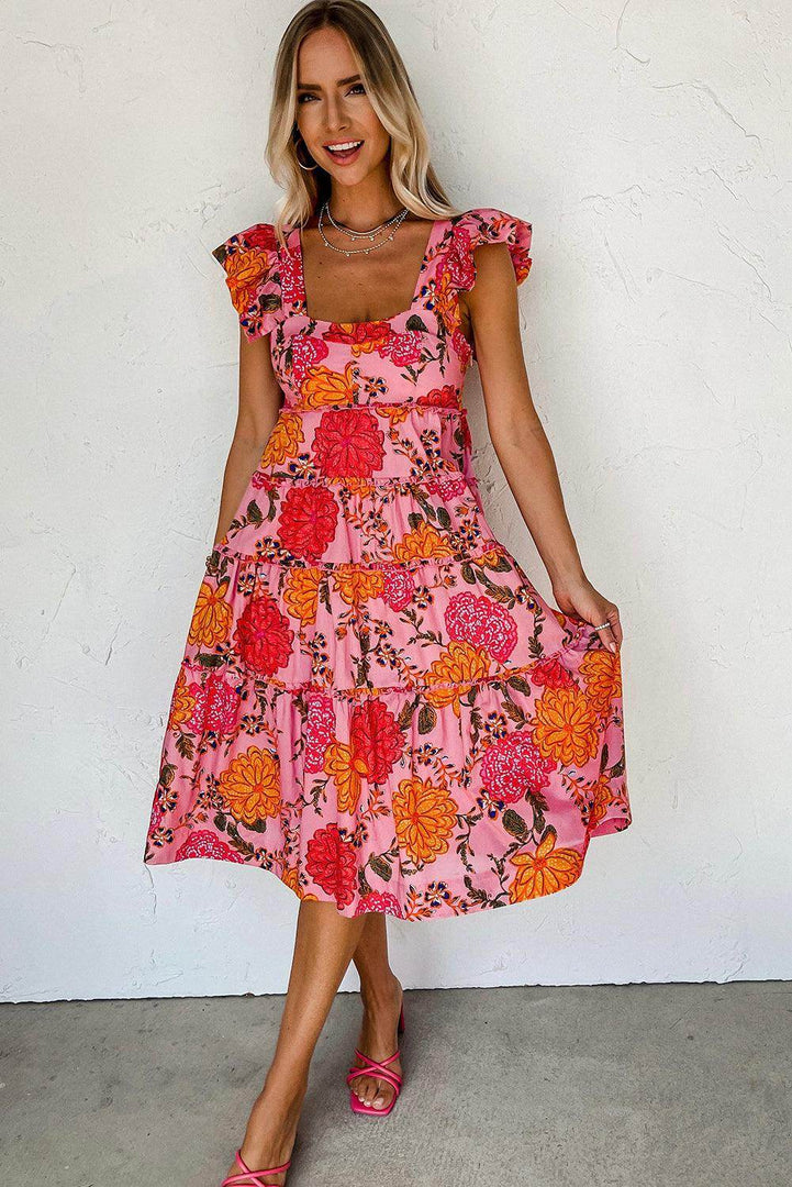 Pink Floral Square Neck Ruffled Flutter Sleeve Tiered Midi Dress - Fashion Queen -  5