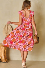 Load image into Gallery viewer, Pink Floral Square Neck Ruffled Flutter Sleeve Tiered Midi Dress - Fashion Queen -  9
