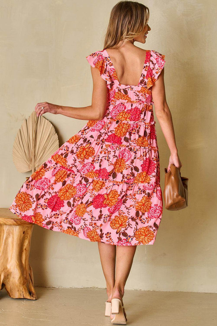 Pink Floral Square Neck Ruffled Flutter Sleeve Tiered Midi Dress - Fashion Queen -  9