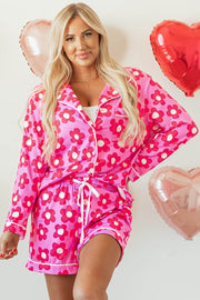 Pink Flower Print Long Sleeve Shirt Shorts Pajamas Set - Fashion Queen -  1