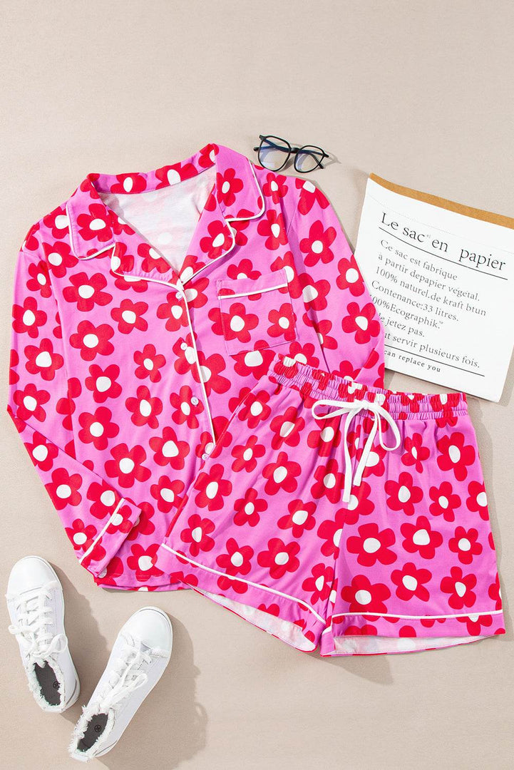 Pink Flower Print Long Sleeve Shirt Shorts Pajamas Set - Fashion Queen -  14