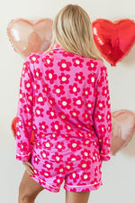 Load image into Gallery viewer, Pink Flower Print Long Sleeve Shirt Shorts Pajamas Set - Fashion Queen -  2
