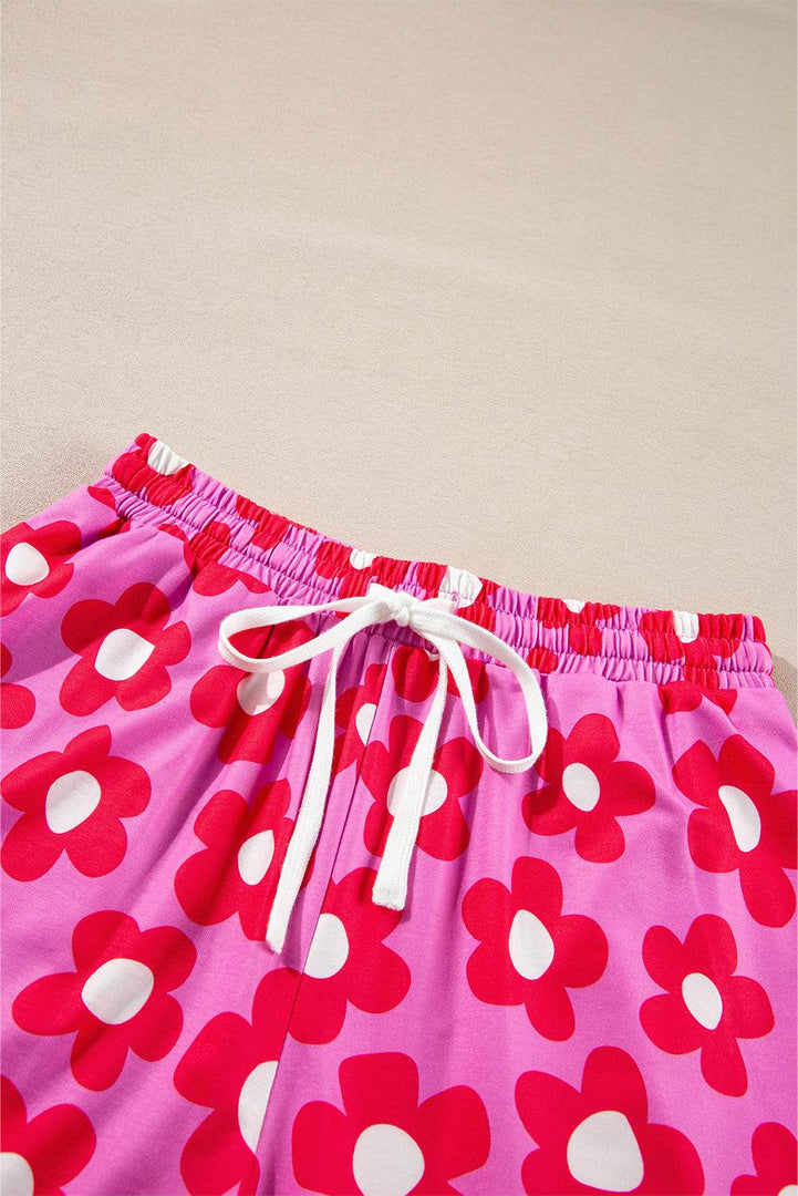 Pink Flower Print Long Sleeve Shirt Shorts Pajamas Set - Fashion Queen -  21