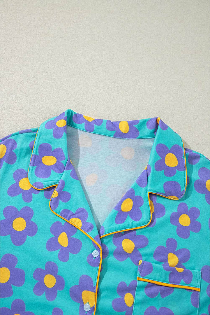 Pink Flower Print Long Sleeve Shirt Shorts Pajamas Set - Fashion Queen -  25