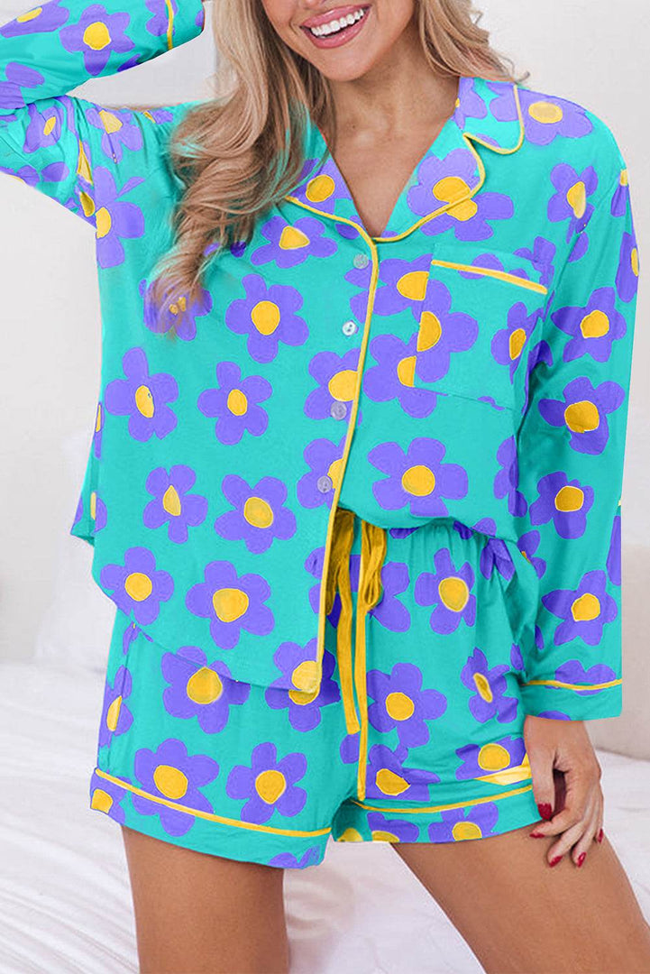 Pink Flower Print Long Sleeve Shirt Shorts Pajamas Set - Fashion Queen -  4