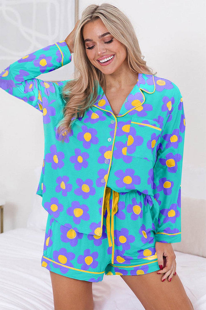 Pink Flower Print Long Sleeve Shirt Shorts Pajamas Set - Fashion Queen -  5