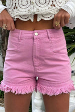 Load image into Gallery viewer, Pink Frayed Edge Mid Rise Denim Shorts - Fashion Queen -  1
