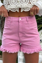 Pink Frayed Edge Mid Rise Denim Shorts - Fashion Queen -  1