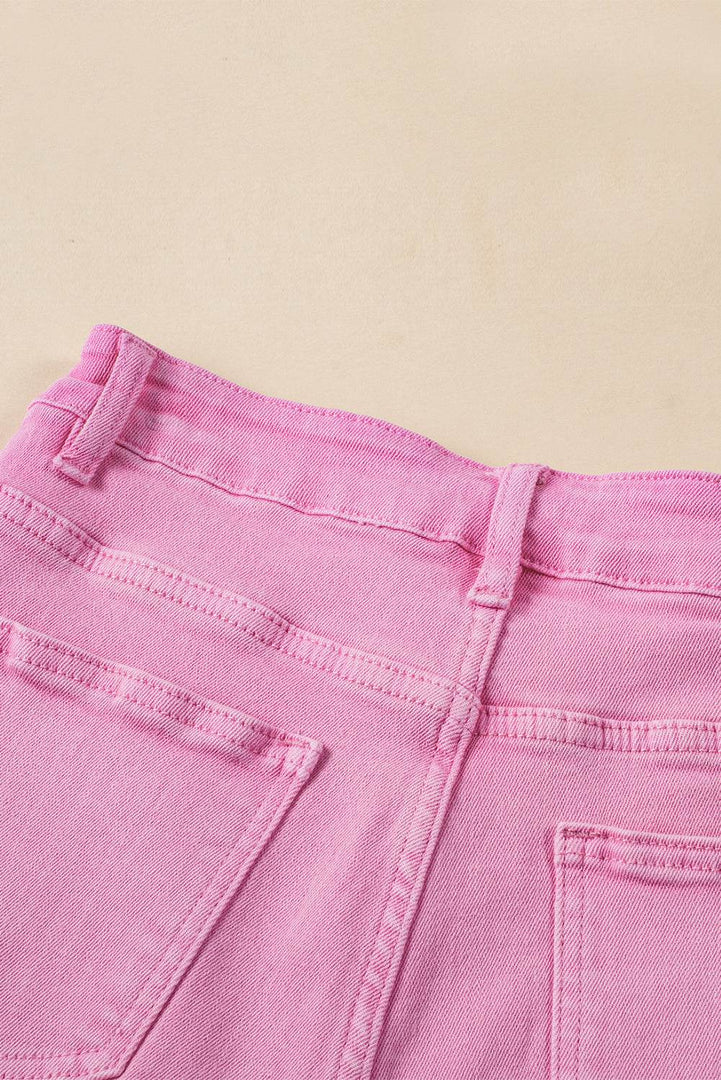 Pink Frayed Edge Mid Rise Denim Shorts - Fashion Queen -  14