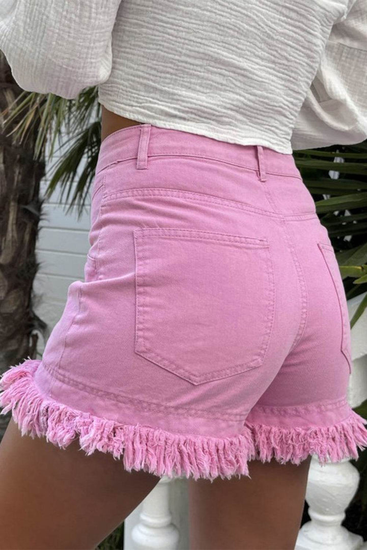 Pink Frayed Edge Mid Rise Denim Shorts - Fashion Queen -  2
