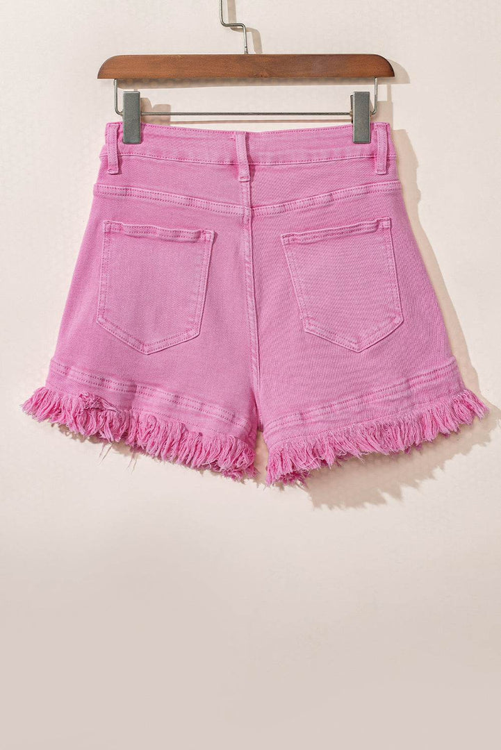 Pink Frayed Edge Mid Rise Denim Shorts - Fashion Queen -  7