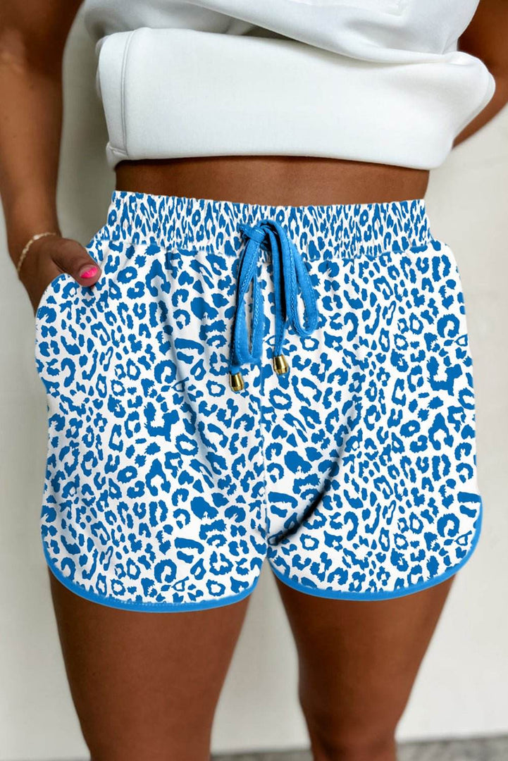Pink Leopard Elastic Waist Lace up Contrast Trim Casual Shorts - Fashion Queen -  5
