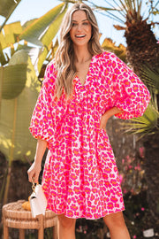Pink Leopard Print Elasticated V Neck 3/4 Puff Sleeve Dress - Fashion Queen -  1