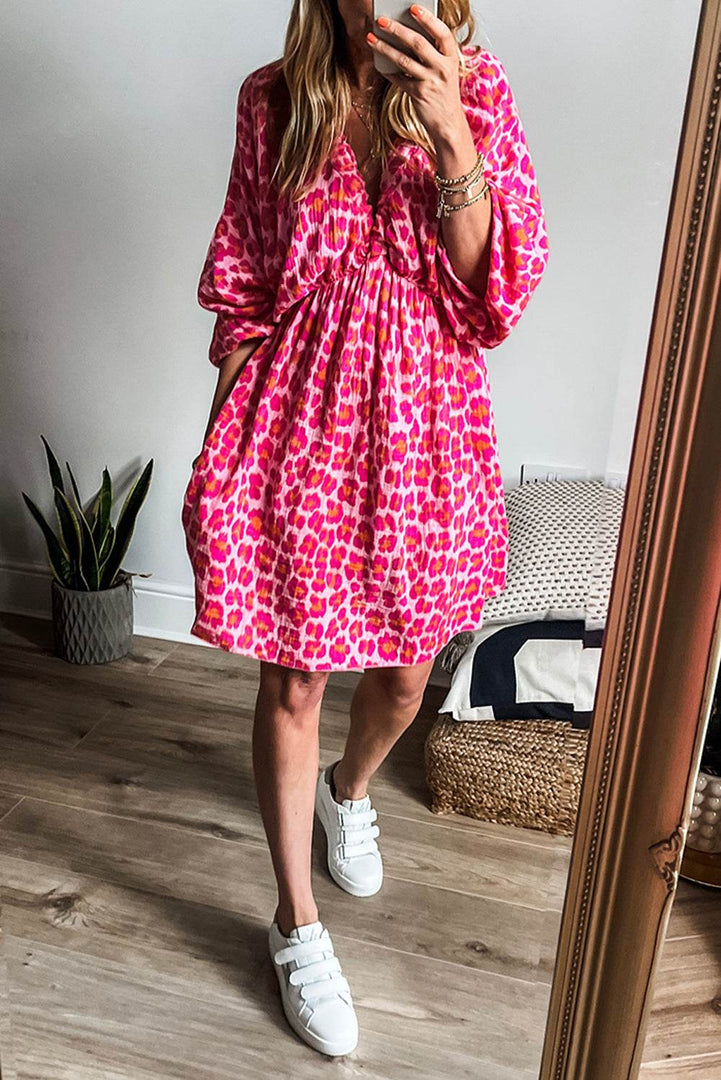 Pink Leopard Print Elasticated V Neck 3/4 Puff Sleeve Dress - Fashion Queen -  11